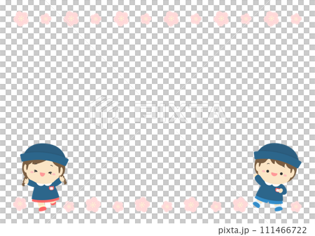 幼稚園の園児、男の子と女の子と桜のフレーム 111466722