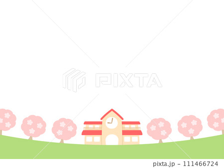 春の幼稚園、桜の咲く園庭とコピースペース 春の幼稚園、桜の咲く園庭とコピースペース 111466724