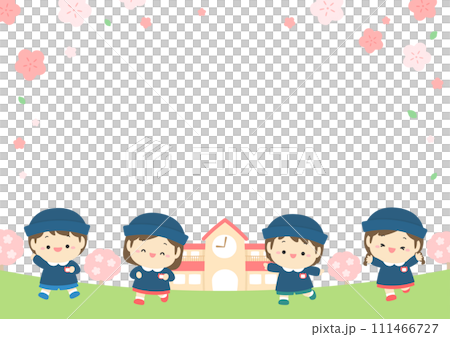 春の幼稚園、桜の咲く園庭とかわいい子どもたち01 111466727