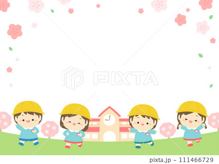 春の幼稚園、桜の咲く園庭とかわいい子どもたち03 111466729