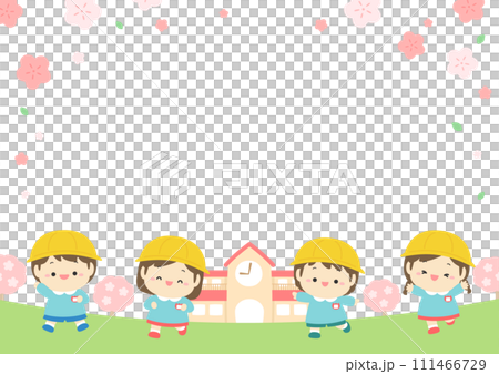 春の幼稚園、桜の咲く園庭とかわいい子どもたち03 111466729
