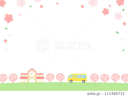 桜が満開の幼稚園と幼稚園バスとコピースペース01 桜が満開の幼稚園と幼稚園バスとコピースペース01 111466731