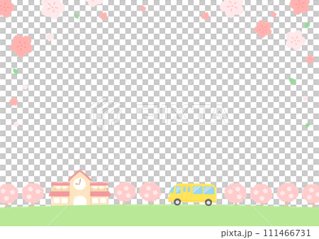 桜が満開の幼稚園と幼稚園バスとコピースペース01 桜が満開の幼稚園と幼稚園バスとコピースペース01 111466731