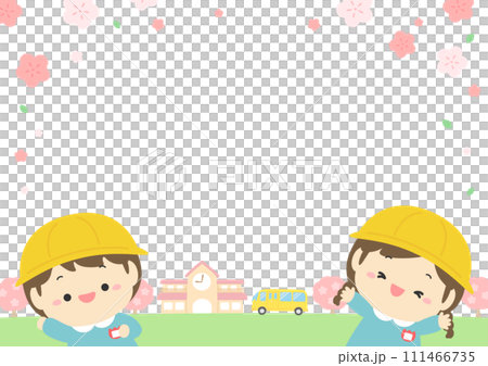 春の幼稚園、桜の咲く園庭とかわいい子どもたち07 111466735