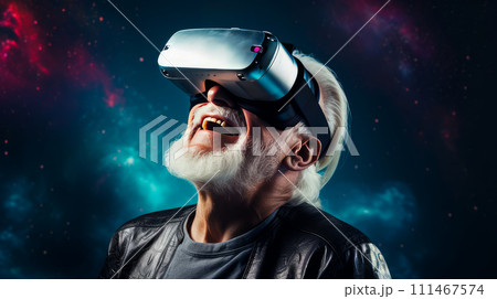 Portrait of a happy smiling enthusiastic Caucasian elderly old, senior gray-haired man wearing a virtual reality headset. Portrait of a happy smiling enthusiastic Caucasian elderly old, senior gray-haired man wearing a virtual reality headset. 111467574