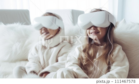 Portrait of happy smiling enthusiastic Caucasian children child, boy girl in virtual reality headset in white room. 111467578