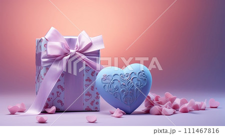 AI-generated content. Valentine's Day gift and ribbons on blue with light pink colors 111467816