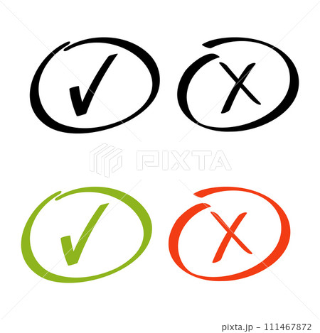 Green check mark and red cross in a circle, hand drawn icon set. Isolated tick and cross symbol in black color, vector illustration. For checklist signs, habit tracker, web design. Green check mark and red cross in a circle, hand drawn icon set. Isolated tick and cross symbol in black color, vector illustration. For checklist signs, habit tracker, web design. 111467872