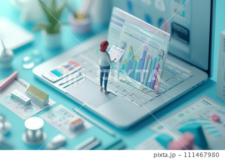 大きなノートパソコンと女性スタッフ（3D） 111467980