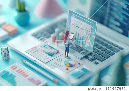 大きなノートパソコンと女性スタッフ(3D) 大きなノートパソコンと女性スタッフ(3D) 111467982