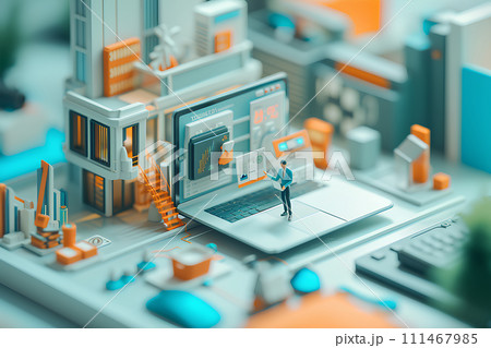 大きなノートパソコンと女性スタッフ(3D) 大きなノートパソコンと女性スタッフ(3D) 111467985