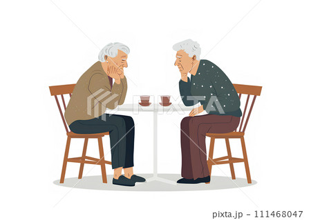 テーブルで肘をついて話し合うシニアの二人 111468047