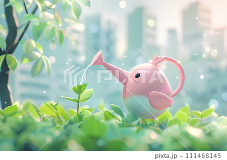 若葉に水をやるジョウロ-2（3D） 111468145