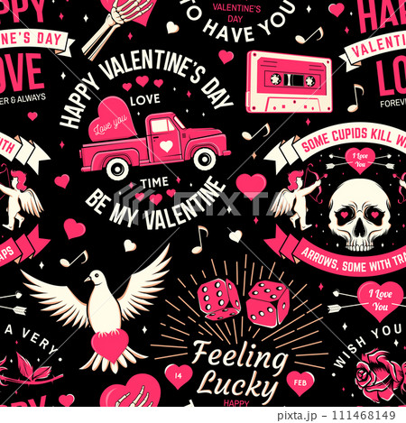 Valentines day seamless pattern with inspirational quotes. Vector illustration. Background, wallpaper, seamless pattern with cupid holding bow, arrow, skeleton hand, rose and heart Valentines day seamless pattern with inspirational quotes. Vector illustration. Background, wallpaper, seamless pattern with cupid holding bow, arrow, skeleton hand, rose and heart 111468149