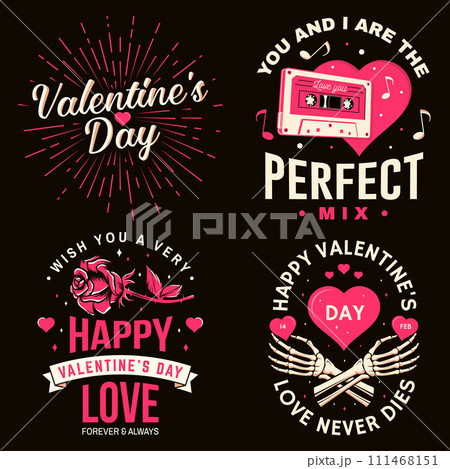 Set of vintage happy valentines day badge. Vector. Template for Valentines Day greeting card, banner, poster, flyer with audio cassette tape, rose and heart, sun ray sunburst, skeleton hand holding a Set of vintage happy valentines day badge. Vector. Template for Valentines Day greeting card, banner, poster, flyer with audio cassette tape, rose and heart, sun ray sunburst, skeleton hand holding a 111468151