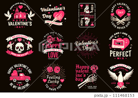 Set of vintage happy valentines day badge. Vector illustration. Template for Valentines Day greeting card, banner, poster, flyer with cupid holding bow, arrow, skeleton hand, rose and heart Set of vintage happy valentines day badge. Vector illustration. Template for Valentines Day greeting card, banner, poster, flyer with cupid holding bow, arrow, skeleton hand, rose and heart 111468153