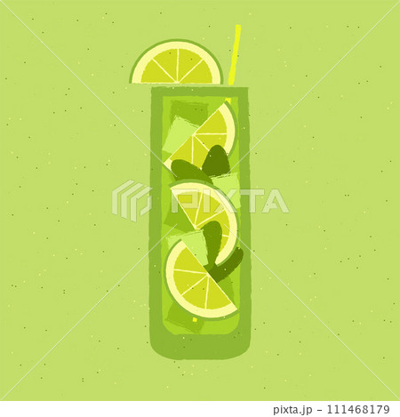 Green cocktail with lime, mint and ice cubes. Mojito in high glass. Non-alcoholic 111468179