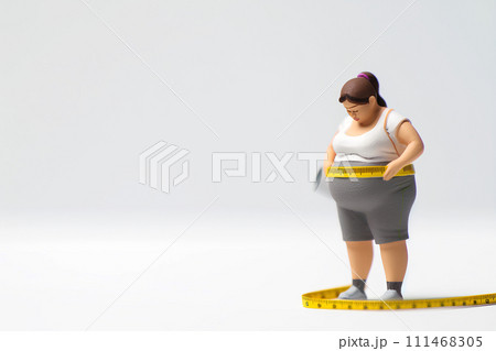 メジャーをお腹に当ててがっくりきている女性-3(3D) メジャーをお腹に当ててがっくりきている女性-3(3D) 111468305