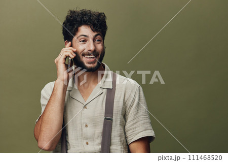 Man young smile male communication isolated guy phone adult mobile portrait person happy 111468520