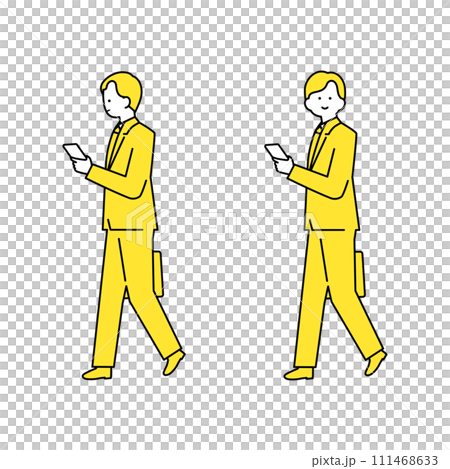 A man in a suit walking while holding a bag and looking at a smartphone 111468633