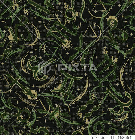 Khaki green camouflage grunge pattern with icons of horoscope, zodiac signs, stars, smudge, splattered paint. Esoteric mystic concept. For prints, clothing, t shirt, surface design 111468664