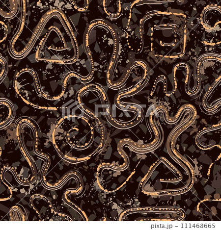 Seamless brown camouflage pattern with abstract wavy shapes, swirls, twirls, paint brush strokes, blots, spattered paint. Dense random composition. Grunge texture 111468665