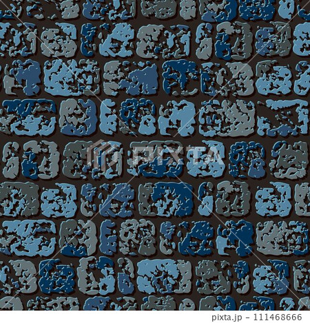 Seamless blue camouflage brick stone wall pattern with cracked destroyed old stones. Geometric background for fabric, textile. Grunge style. 111468666
