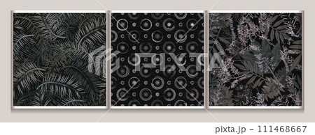 Seamless gray camouflage patterns with leaves, polka dot ornament. Grunge style. For apparel, fabric, textile, sport goods design. 111468667