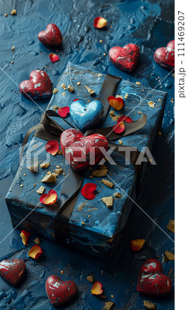 AI-generated content. A dark gift box tied with a dark ribbon on a dark blue uneven background. Hearts. 111469207