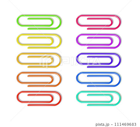 Paper clips clamp. Colour cartoon office paperclip. Paper clip icon attached attach document or file. Vector 111469683