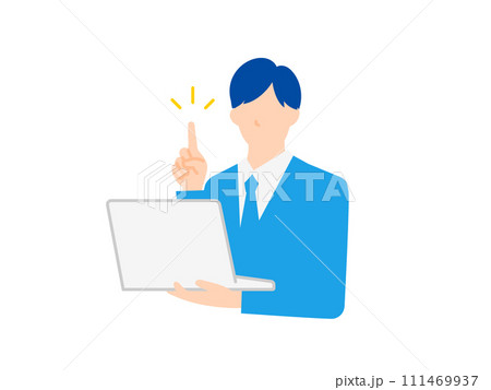 パソコンを持ち自信に満ちた態度で指をさすビジネスパーソンのイラスト パソコンを持ち自信に満ちた態度で指をさすビジネスパーソンのイラスト 111469937