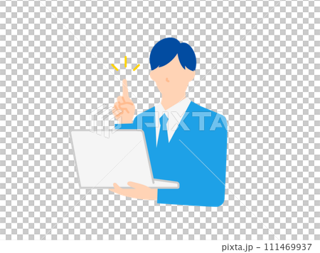 パソコンを持ち自信に満ちた態度で指をさすビジネスパーソンのイラスト パソコンを持ち自信に満ちた態度で指をさすビジネスパーソンのイラスト 111469937