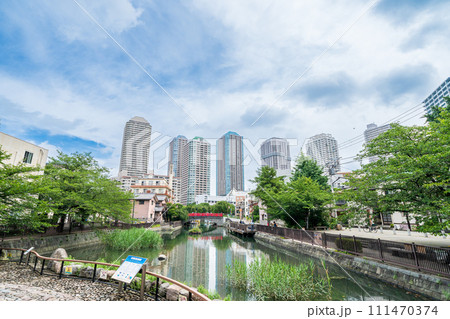 「東京都」佃公園から見るタワーマンション群 111470374