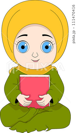 Islamic cartoon illustration, Muslim girl wearing a hijab sitting hugging the holy book 111470416