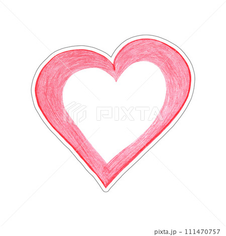 Red Heart Sticker Drawn by Colored Pencil. Heart Shape Isolated on White Background. 111470757
