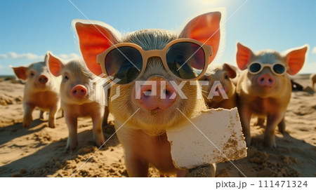 funny piglets on the beach 111471324