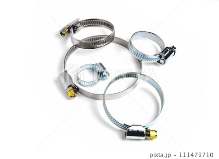 hose clip, round worm tightening clamps on white background 111471710