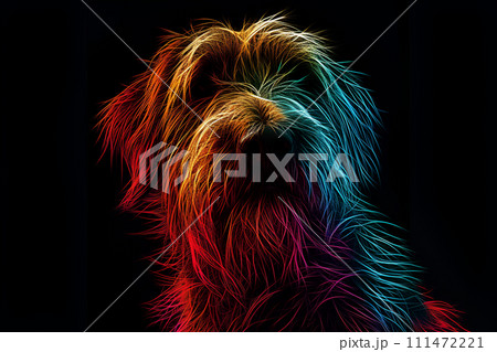 AI-generated content. Portrait of bearded dog Irish wolfhound in holographic style modern animal logo design on dark background 111472221