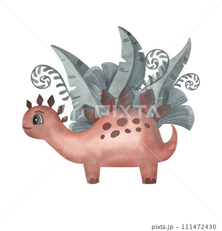 Cute little red cartoon watercolor stegosaurus dinosaur with green plants- hand drawn illustration. Isolated on white. Nice character, texture. Sticker, textile, nursery design. 111472430