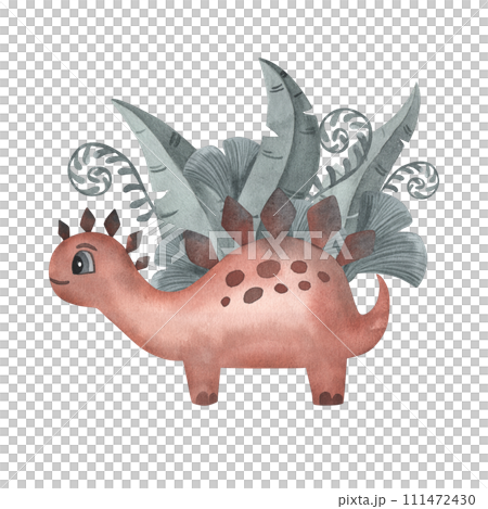 Cute little red cartoon watercolor stegosaurus dinosaur with green plants- hand drawn illustration. Isolated on white. Nice character, texture. Sticker, textile, nursery design. 111472430