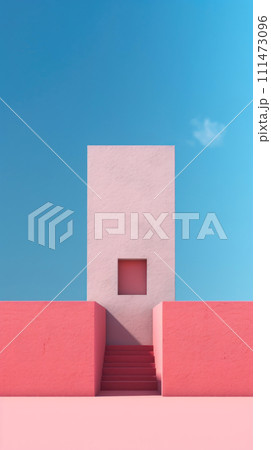 Abstract Pink Geometric Wall Against Blue Sky. AI-generated item 111473096
