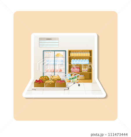 Supermarket sticker illustration. Shelf, fruits, vegetables, trolley, fridge. Editable vector graphic design. 111473444