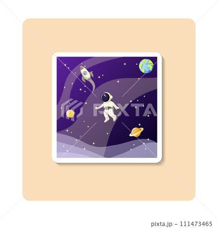 Space sticker illustration. Spaceship, spaceman, saturn, moon, planet earth. Editable vector graphic design. 111473465