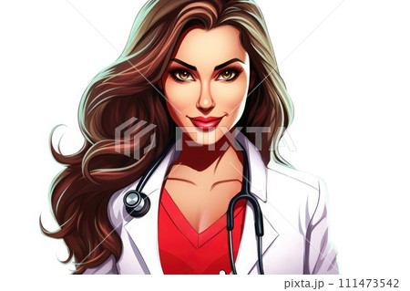 Animated character of a confident female doctor with long hair and a stethoscope, white coat, and red shirt 111473542