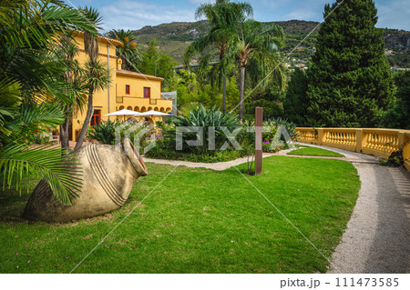 Ornamental garden with various green plants and palm trees, France 111473585