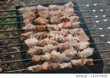 Juicy meat skewered for barbecue grilling over charcoal, a popular outdoor cooking activity Juicy meat skewered for barbecue grilling over charcoal, a popular outdoor cooking activity 111473920