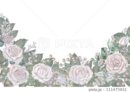 Watercolor floral frame of white roses, green leaves, lilac, eucalyptus in a pastel palette in vintage style for wedding, Women's Day, Valentine's Day for template, clipart, wallpaper, scrapbooking Watercolor floral frame of white roses, green leaves, lilac, eucalyptus in a pastel palette in vintage style for wedding, Women's Day, Valentine's Day for template, clipart, wallpaper, scrapbooking 111473932