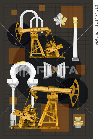 Surreal collage. Classic architecture and industrial oil pump. Art concept poster, print, zine cover. 111474118