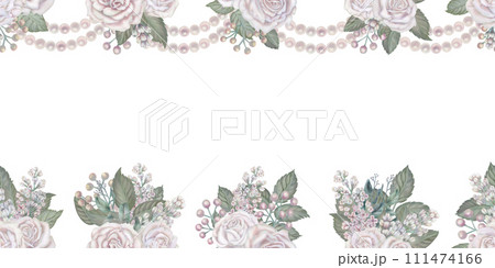 Watercolor floral seamless border of white roses, green leaves, lilac, eucalyptus in a pastel color in vintage style for wedding, Women's Day, Valentine's Day, template, clipart, wallpaper, scrapbook Watercolor floral seamless border of white roses, green leaves, lilac, eucalyptus in a pastel color in vintage style for wedding, Women's Day, Valentine's Day, template, clipart, wallpaper, scrapbook 111474166