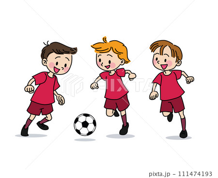赤いユニフォームを着てサッカーをする子供達のイラスト 111474193